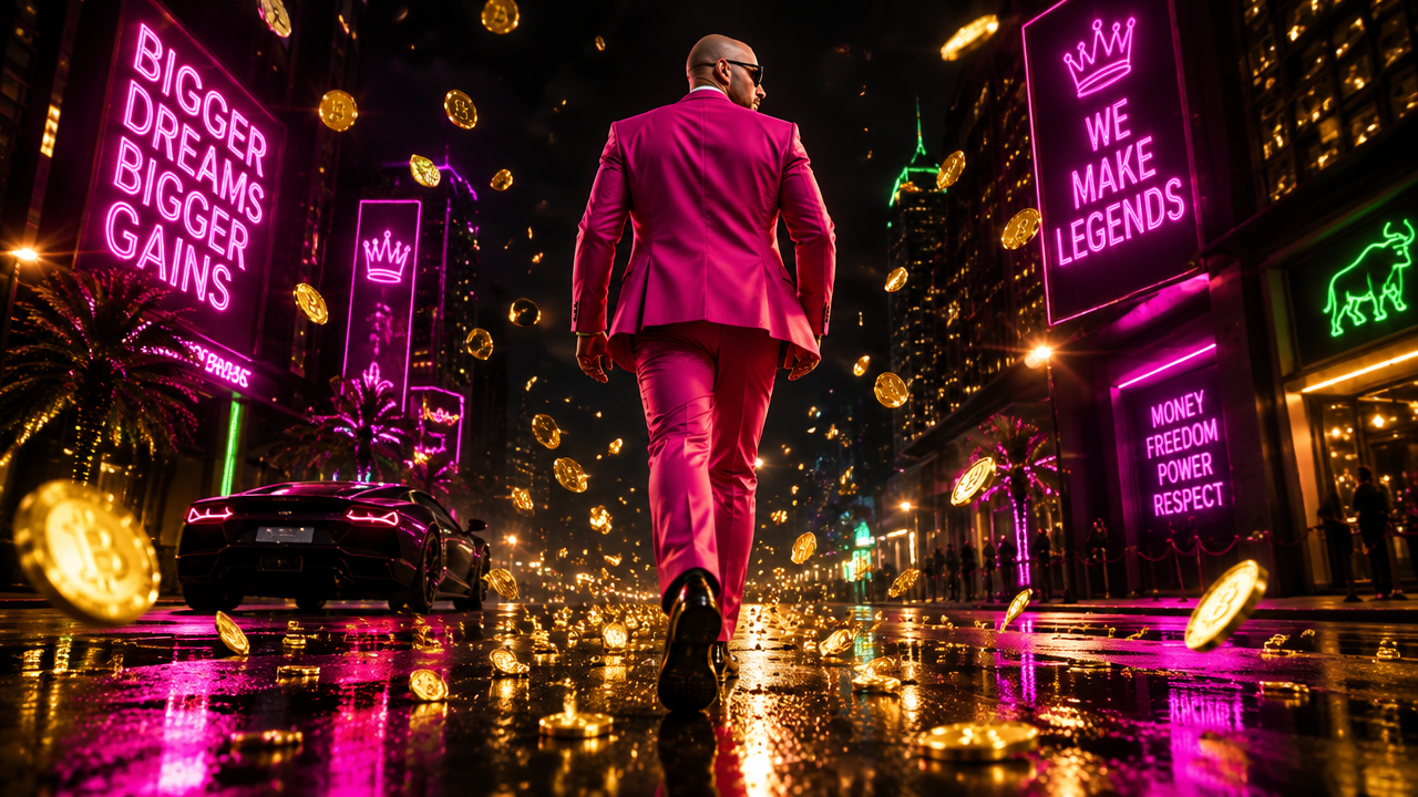 Pink-suited millionaire strutting through a neon-lit city with golden coins